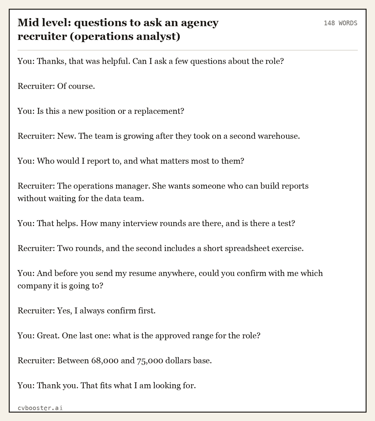Complete Mid level: questions to ask an agency recruiter (operations analyst) example, 148 words, laid out as it would sit in the application form
