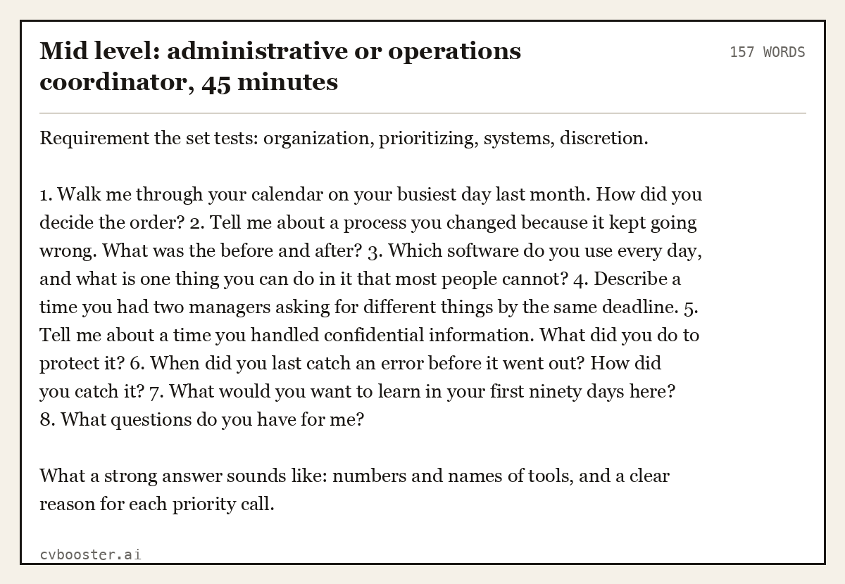 Complete Mid level: administrative or operations coordinator, 45 minutes example, 157 words, laid out as it would sit in the application form