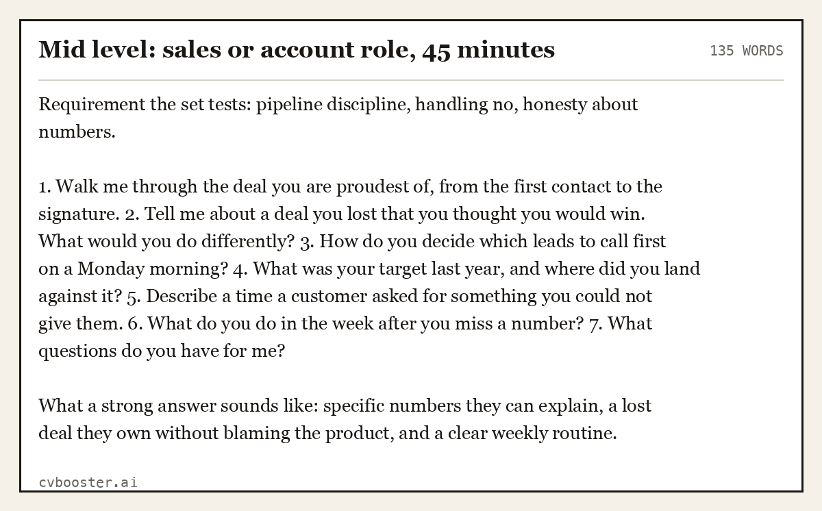 Complete Mid level: sales or account role, 45 minutes example, 135 words, laid out as it would sit in the application form