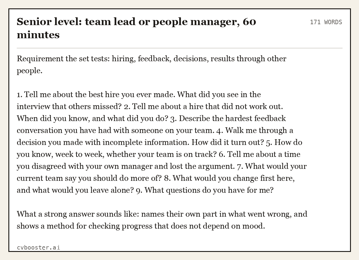 Complete Senior level: team lead or people manager, 60 minutes example, 171 words, laid out as it would sit in the application form