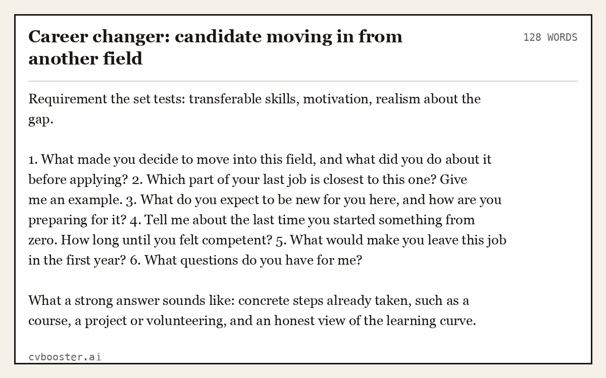 Complete Career changer: candidate moving in from another field example, 128 words, laid out as it would sit in the application form