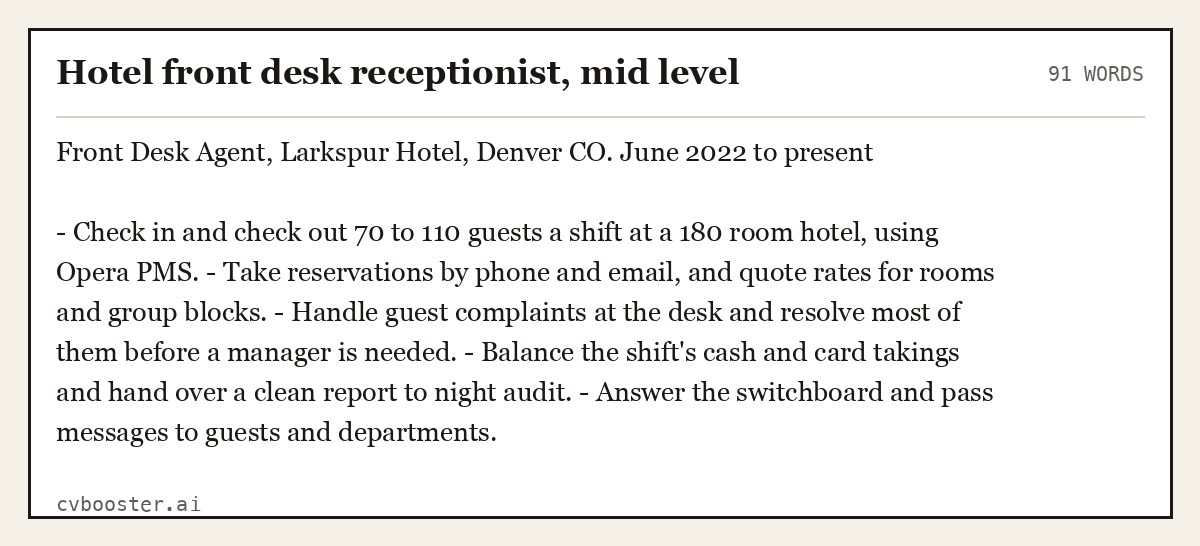Complete Hotel front desk receptionist, mid level example, 91 words, laid out as it would sit in the application form