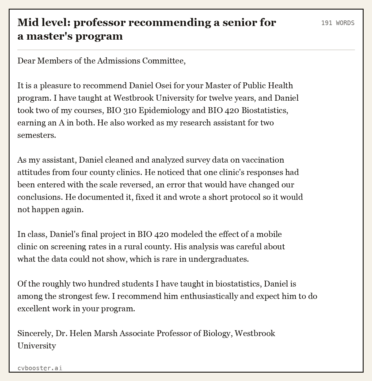 Complete Mid level: professor recommending a senior for a master's program example, 191 words, laid out as it would sit in the application form