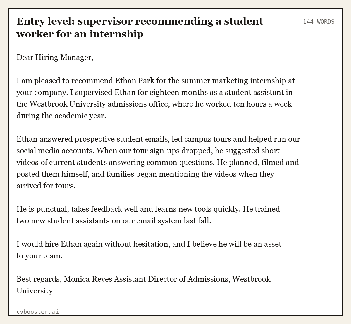 Complete Entry level: supervisor recommending a student worker for an internship example, 144 words, laid out as it would sit in the application form