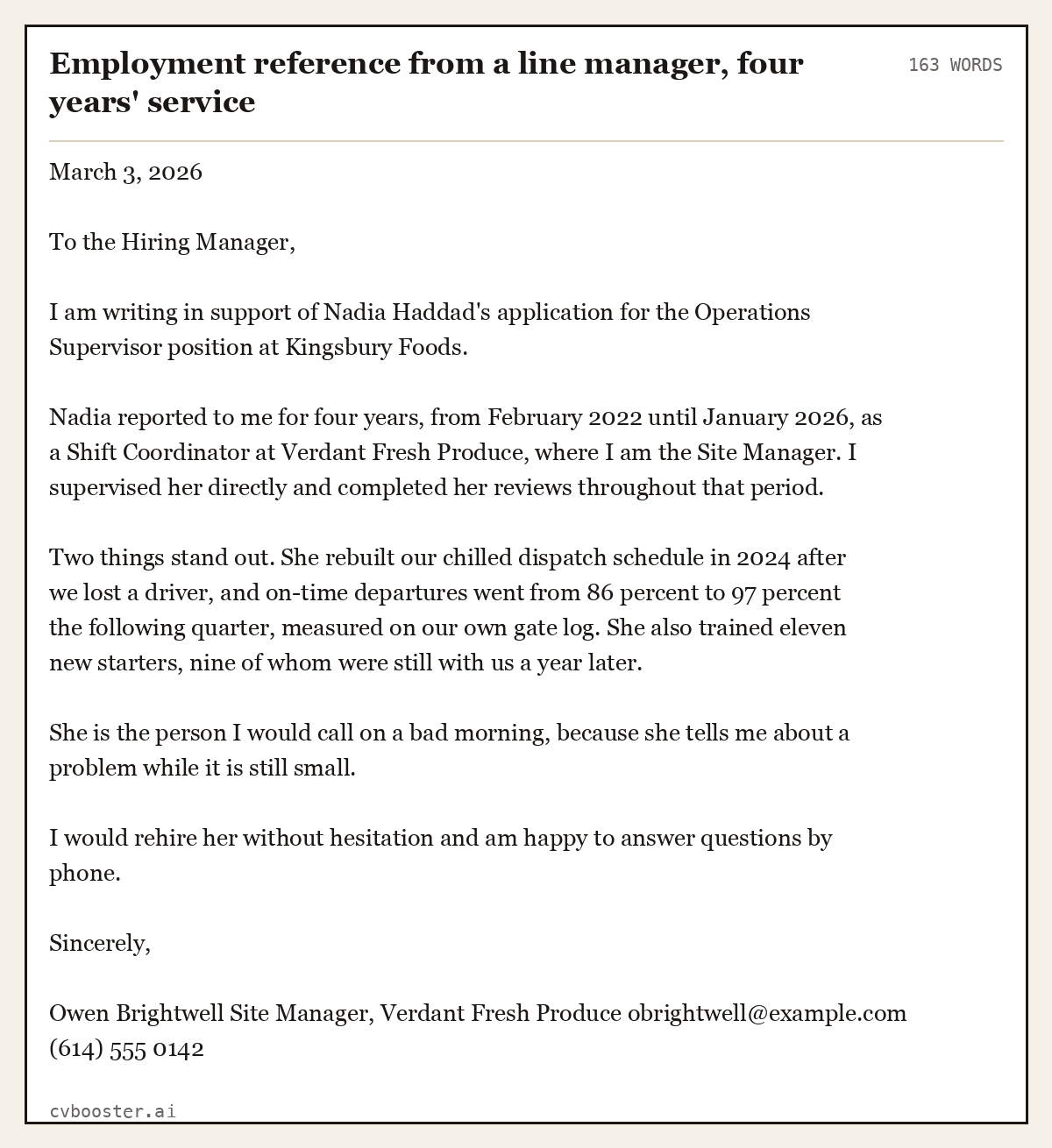 Complete Employment reference from a line manager, four years' service example, 163 words, laid out as it would sit in the application form