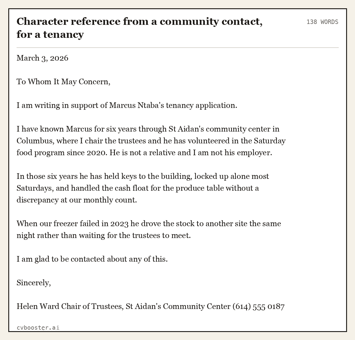 Complete Character reference from a community contact, for a tenancy example, 138 words, laid out as it would sit in the application form