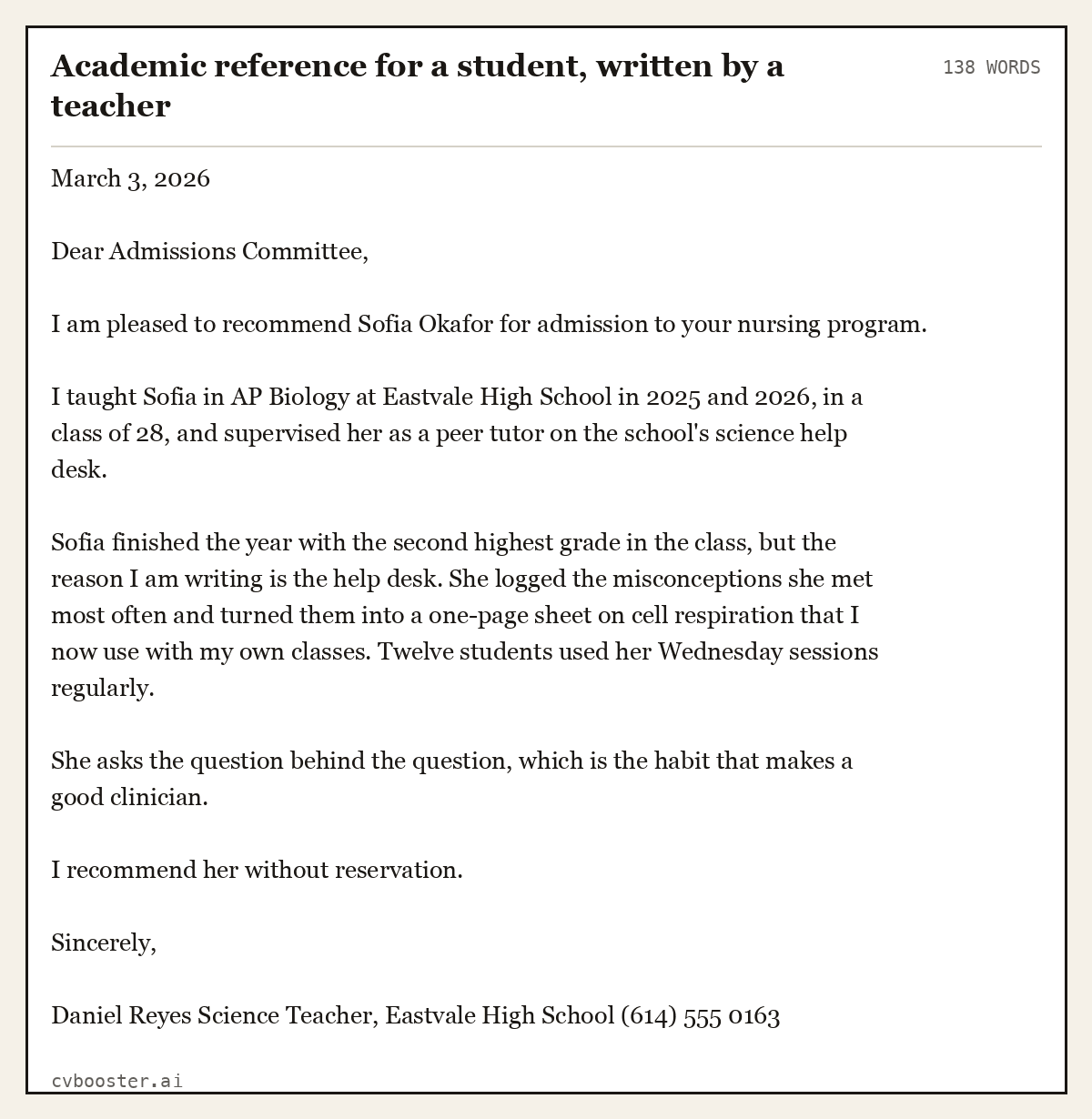 Complete Academic reference for a student, written by a teacher example, 138 words, laid out as it would sit in the application form