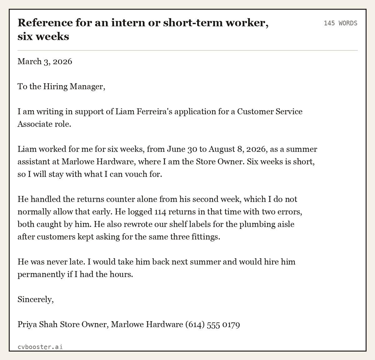Complete Reference for an intern or short-term worker, six weeks example, 145 words, laid out as it would sit in the application form
