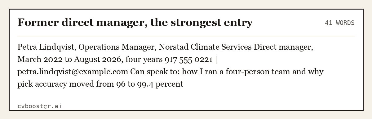 Complete Former direct manager, the strongest entry example, 41 words, laid out as it would sit in the application form