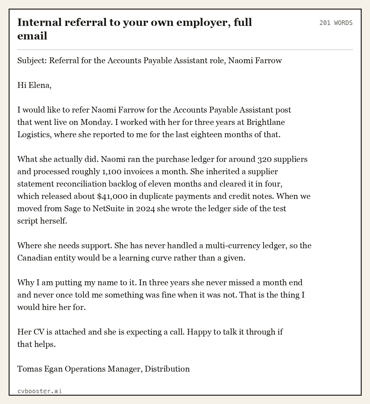 Complete Internal referral to your own employer, full email example, 201 words, laid out as it would sit in the application form