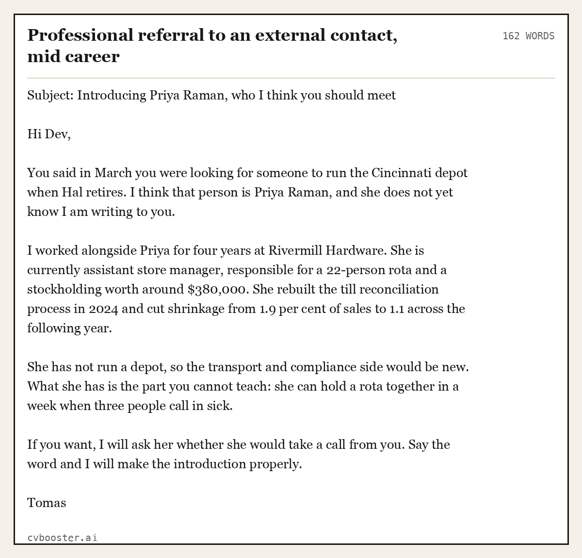 Complete Professional referral to an external contact, mid career example, 162 words, laid out as it would sit in the application form