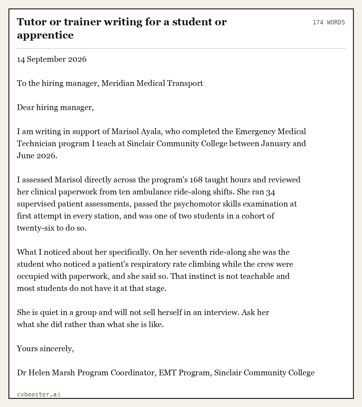 Complete Tutor or trainer writing for a student or apprentice example, 174 words, laid out as it would sit in the application form