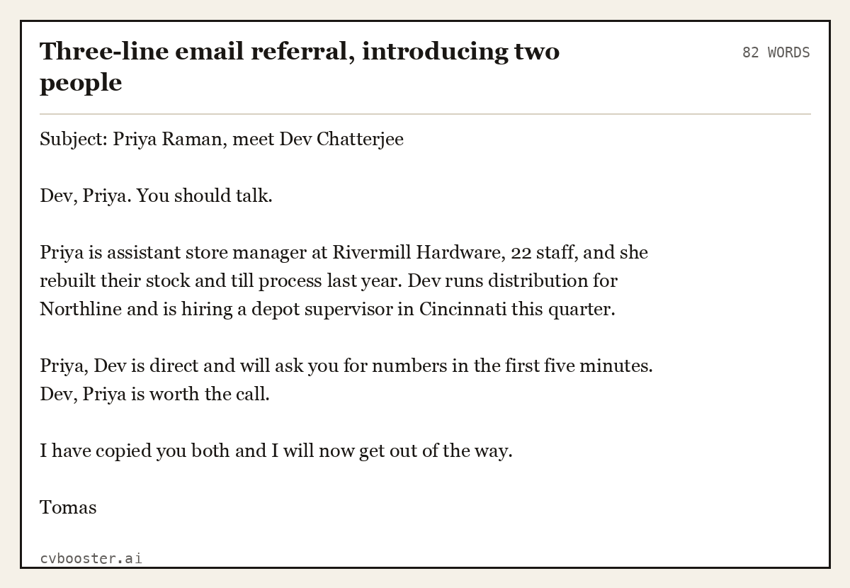 Complete Three-line email referral, introducing two people example, 82 words, laid out as it would sit in the application form