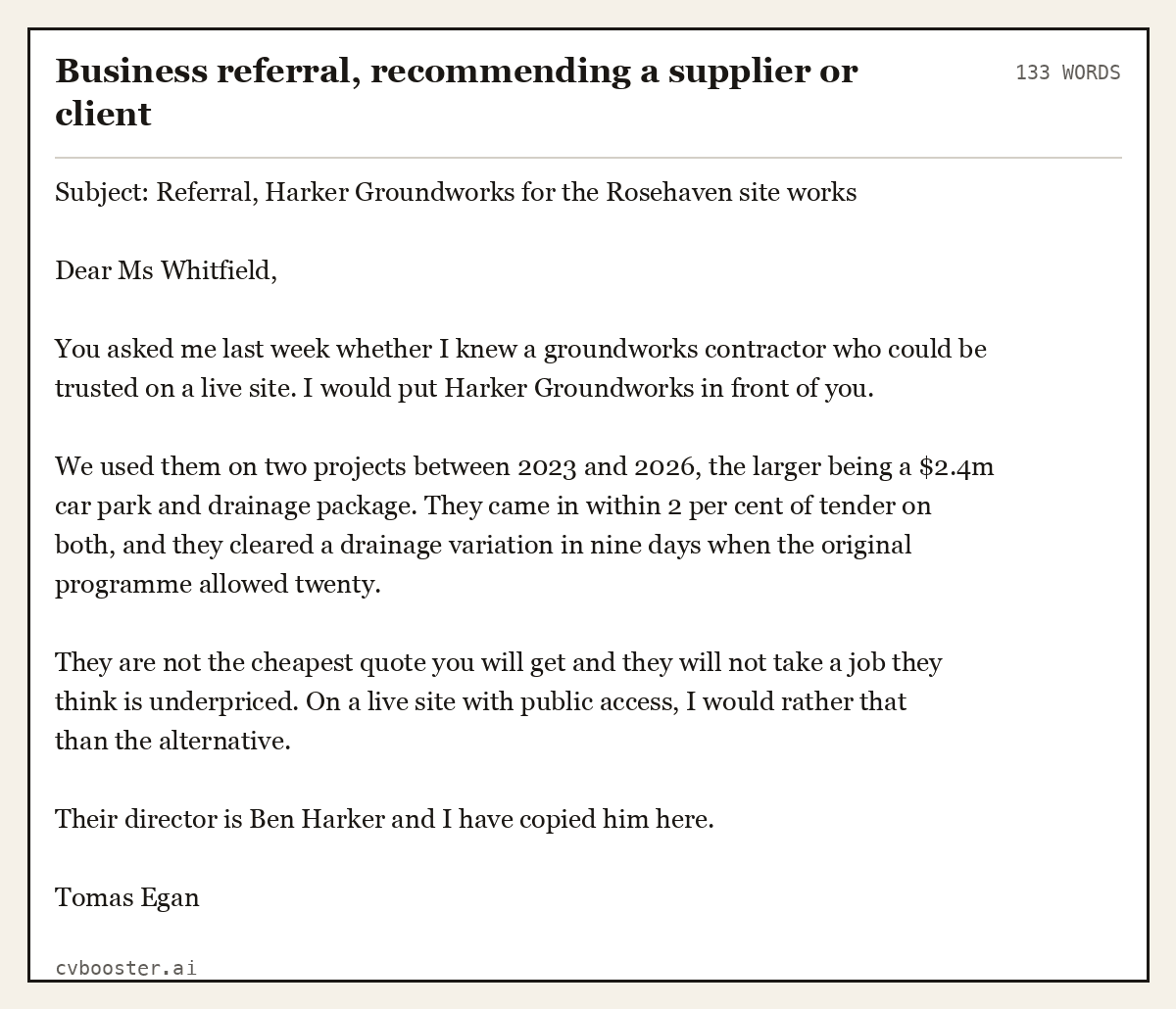 Complete Business referral, recommending a supplier or client example, 133 words, laid out as it would sit in the application form