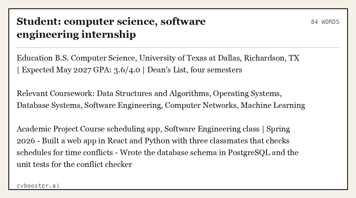 Student: computer science, software engineering internship, complete example, 84 words