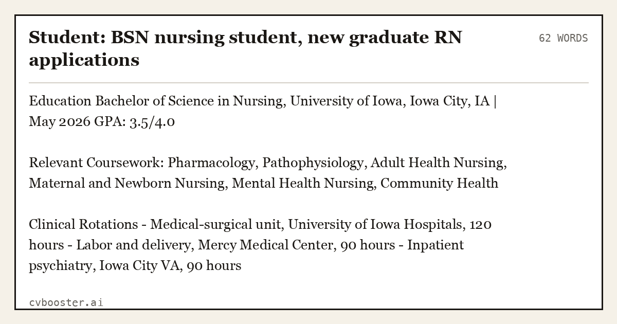 Student: BSN nursing student, new graduate RN applications, complete example, 62 words