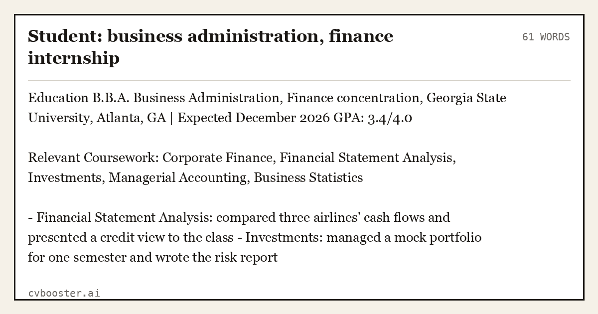 Student: business administration, finance internship, complete example, 61 words