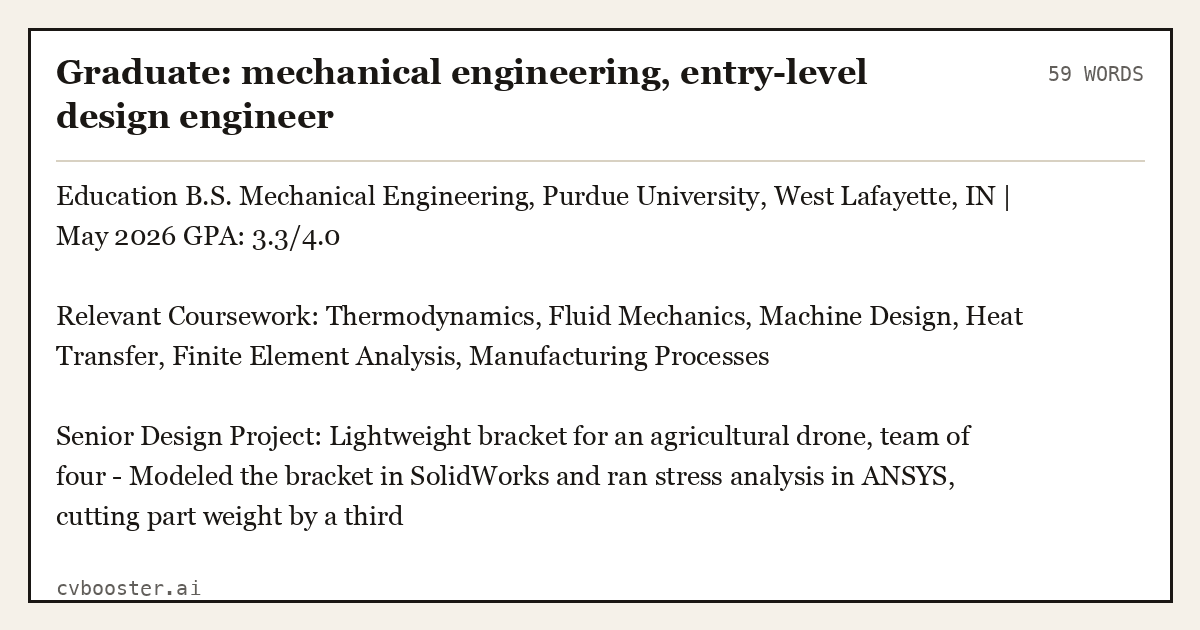 Graduate: mechanical engineering, entry-level design engineer, complete example, 59 words