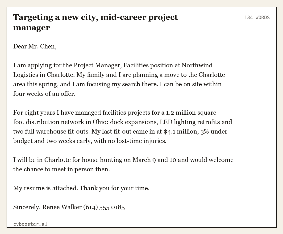 Complete Targeting a new city, mid-career project manager example, 134 words, laid out as it would sit in the application form