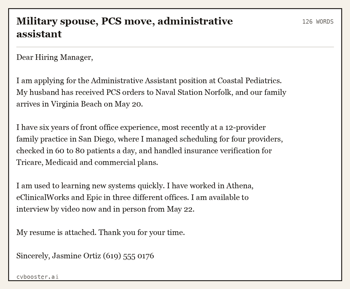 Complete Military spouse, PCS move, administrative assistant example, 126 words, laid out as it would sit in the application form