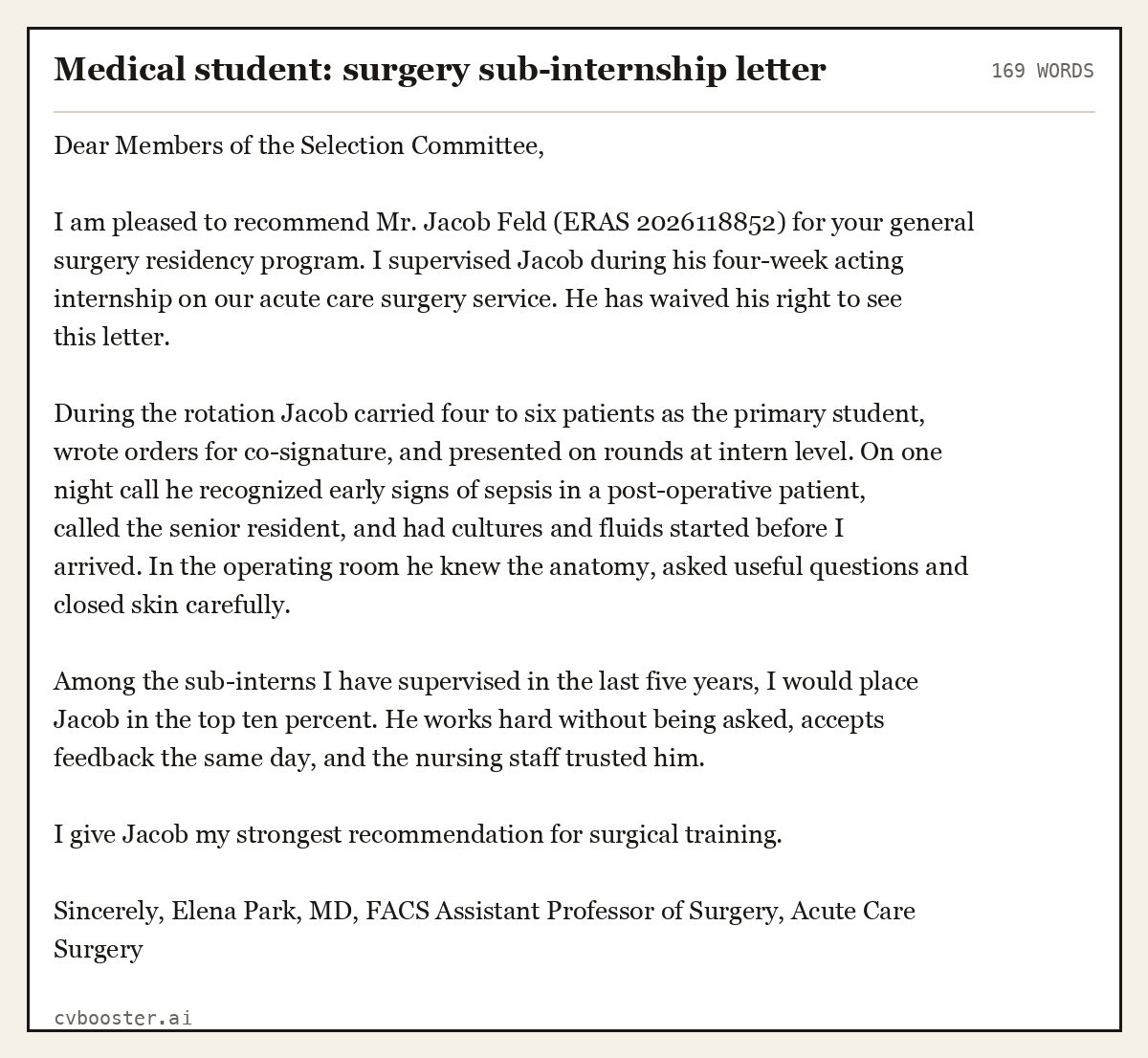 Complete Medical student: surgery sub-internship letter example, 169 words, laid out as it would sit in the application form