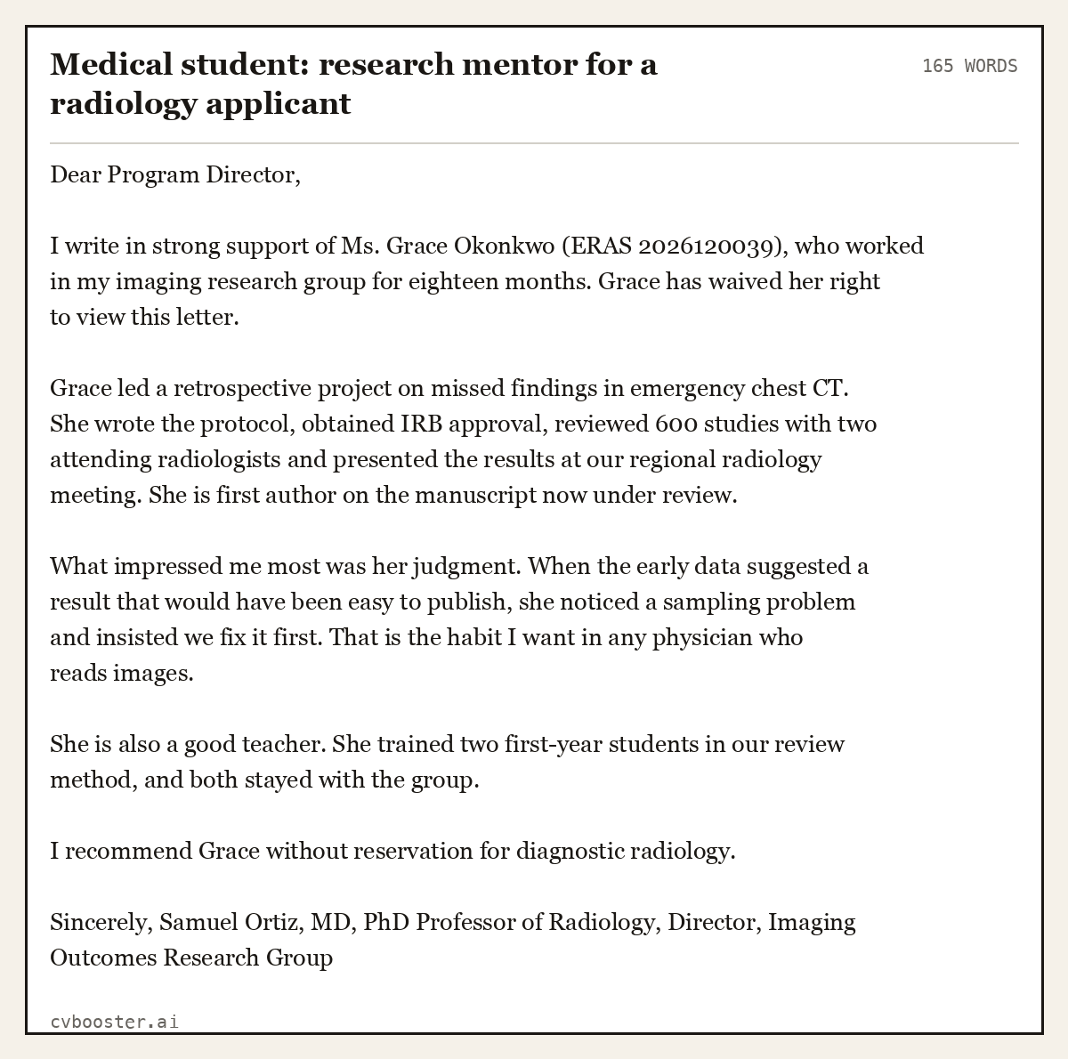 Complete Medical student: research mentor for a radiology applicant example, 165 words, laid out as it would sit in the application form