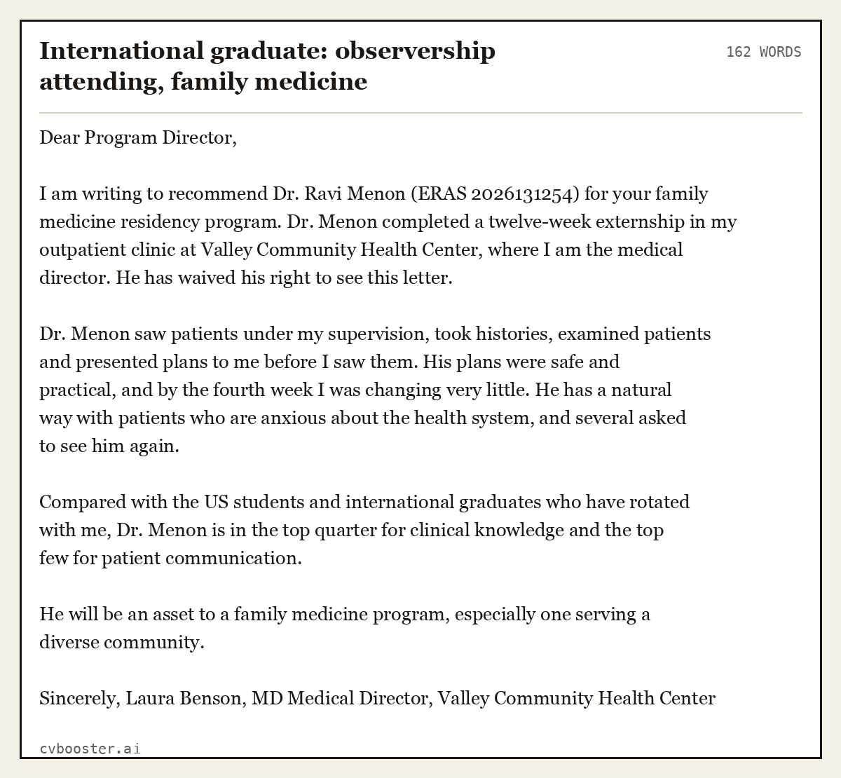Complete International graduate: observership attending, family medicine example, 162 words, laid out as it would sit in the application form