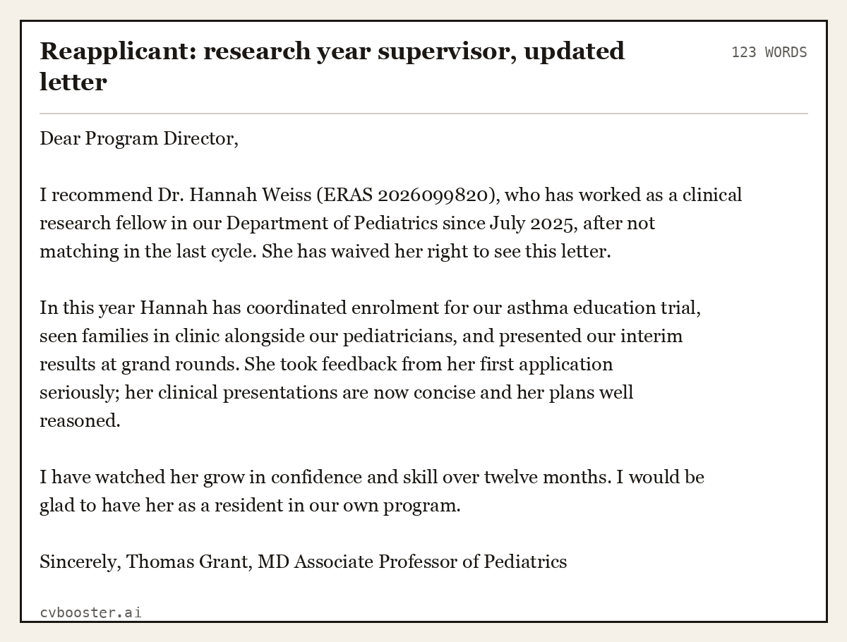Complete Reapplicant: research year supervisor, updated letter example, 123 words, laid out as it would sit in the application form