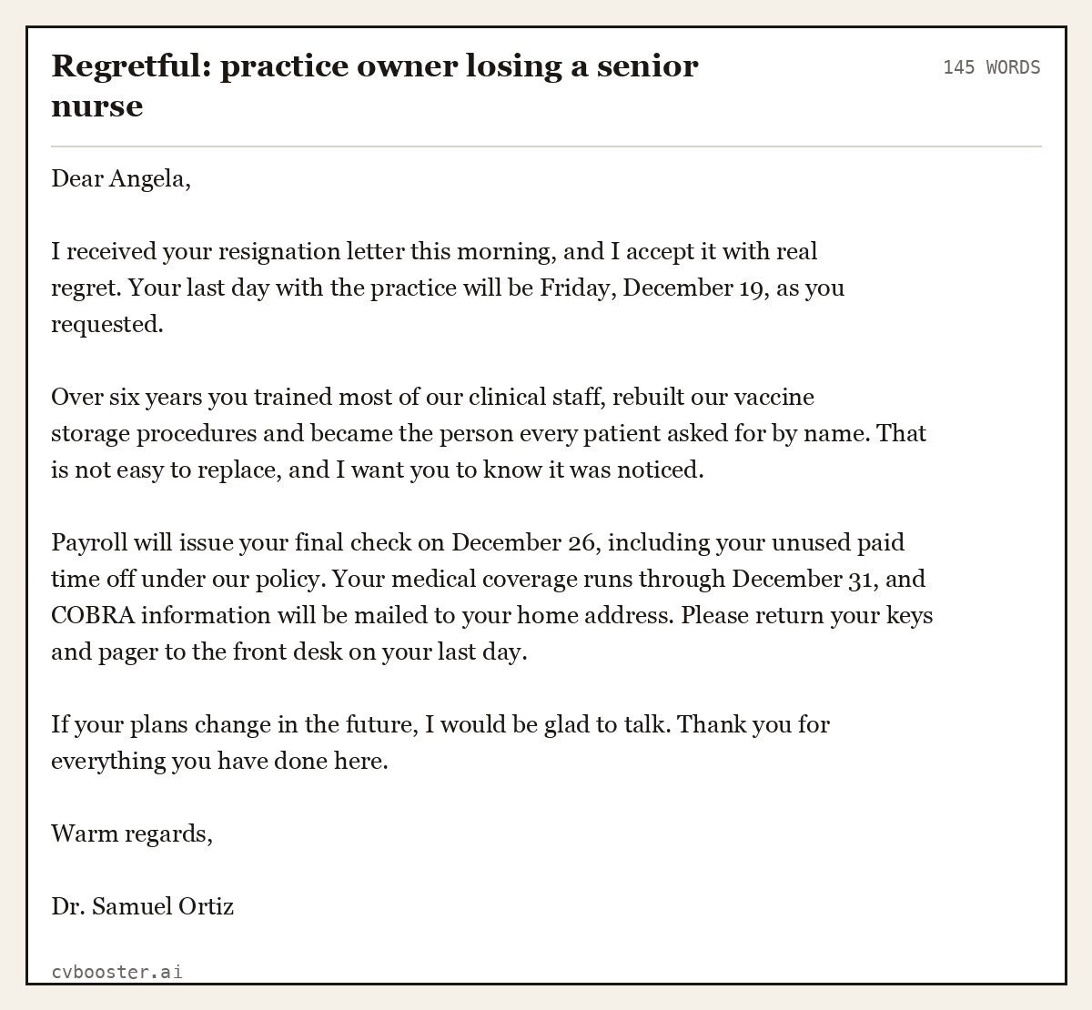 Complete Regretful: practice owner losing a senior nurse example, 145 words, laid out as it would sit in the application form