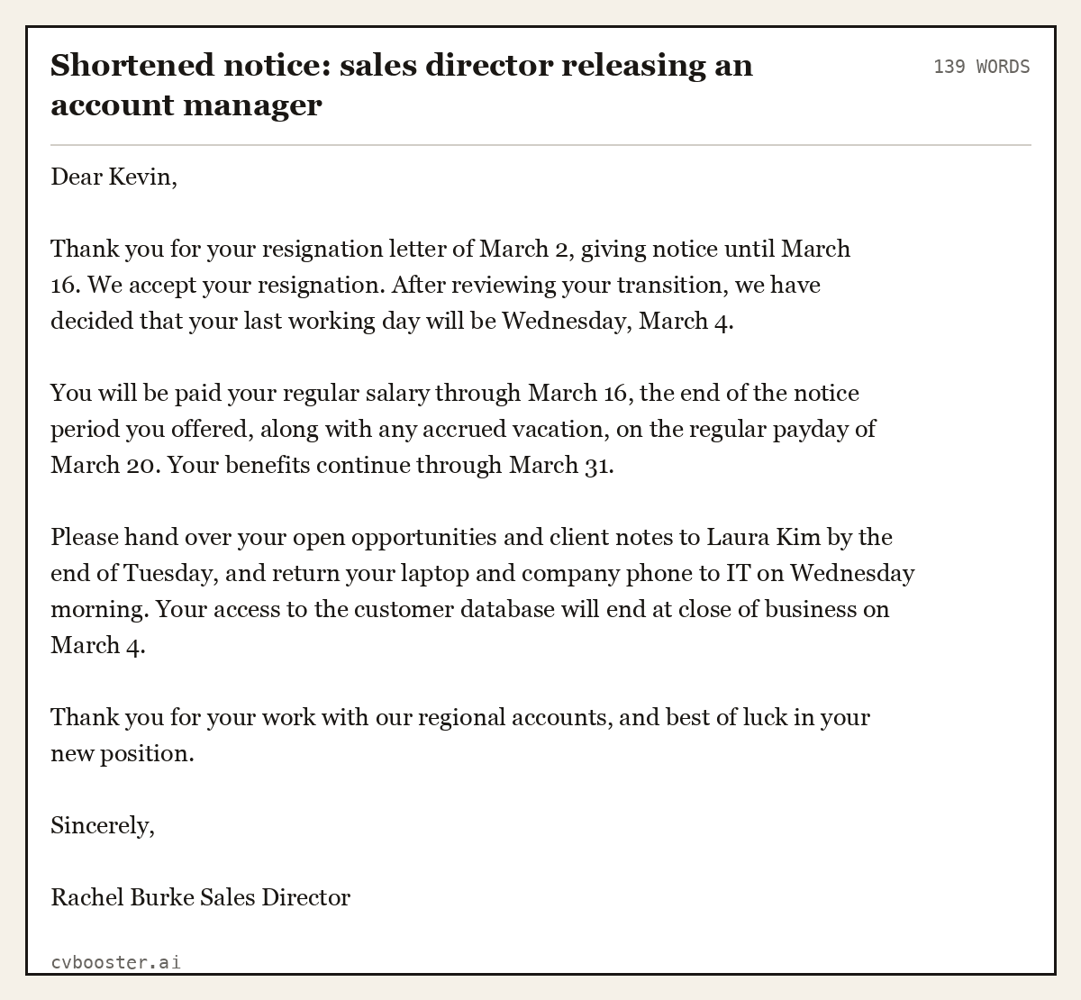 Complete Shortened notice: sales director releasing an account manager example, 139 words, laid out as it would sit in the application form
