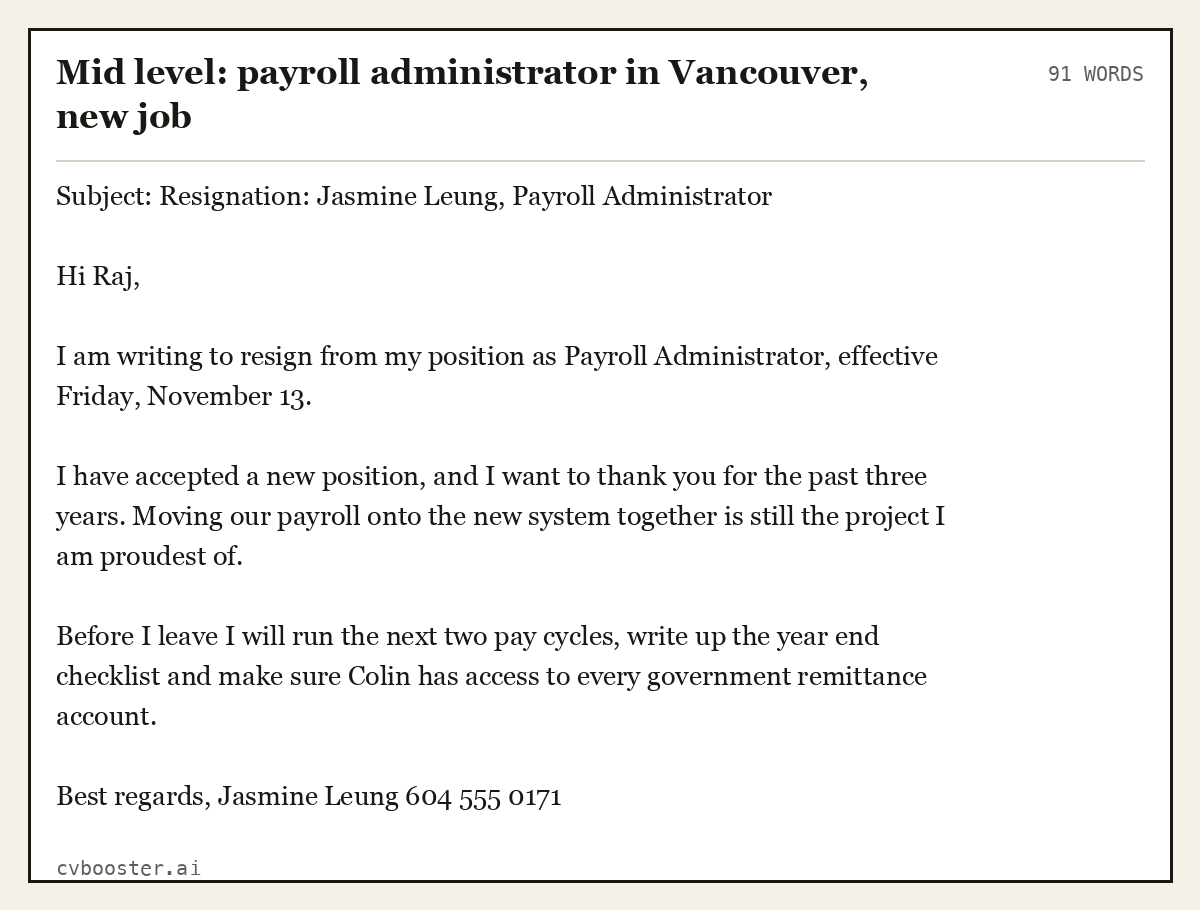 Complete Mid level: payroll administrator in Vancouver, new job example, 91 words, laid out as it would sit in the application form
