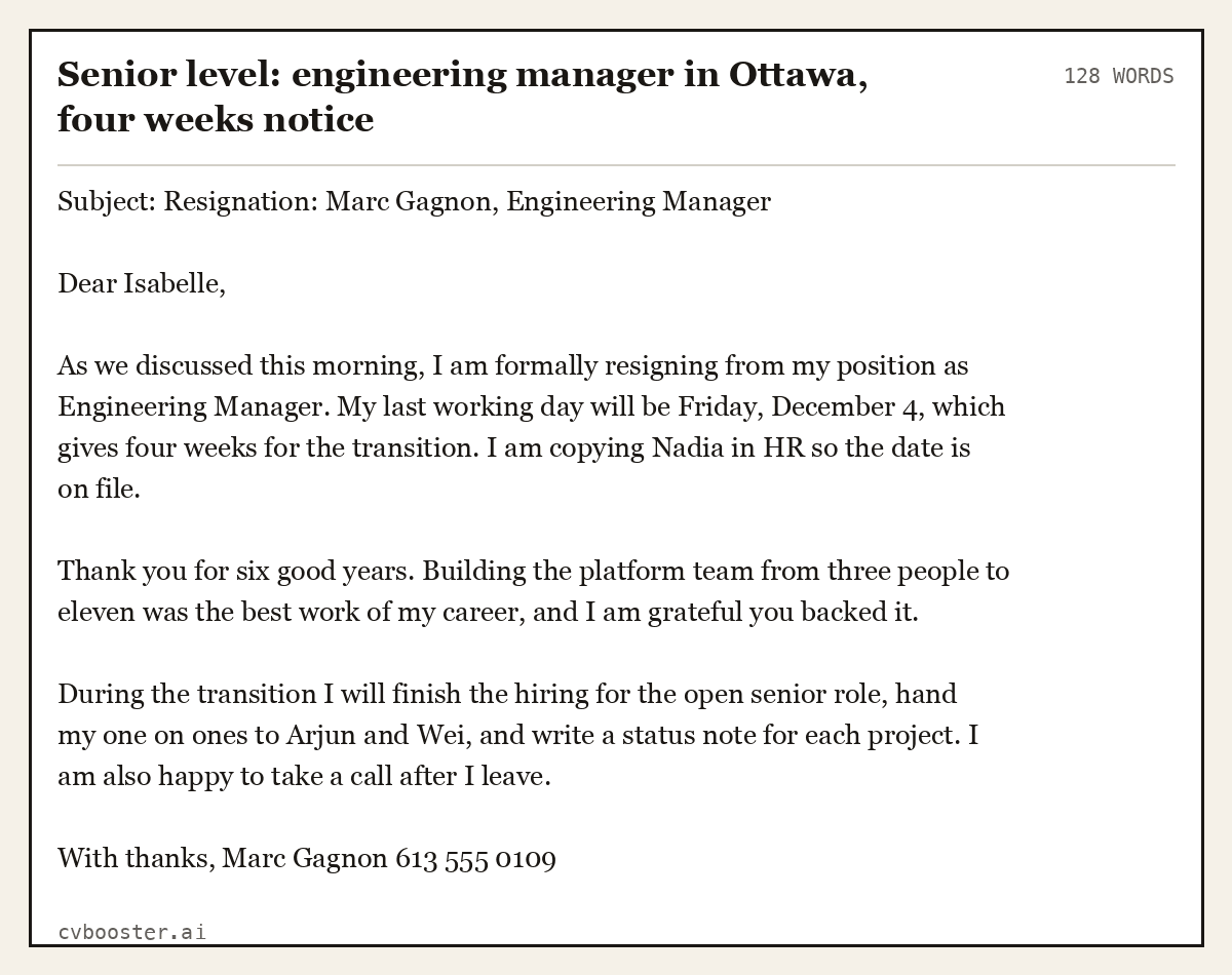 Complete Senior level: engineering manager in Ottawa, four weeks notice example, 128 words, laid out as it would sit in the application form