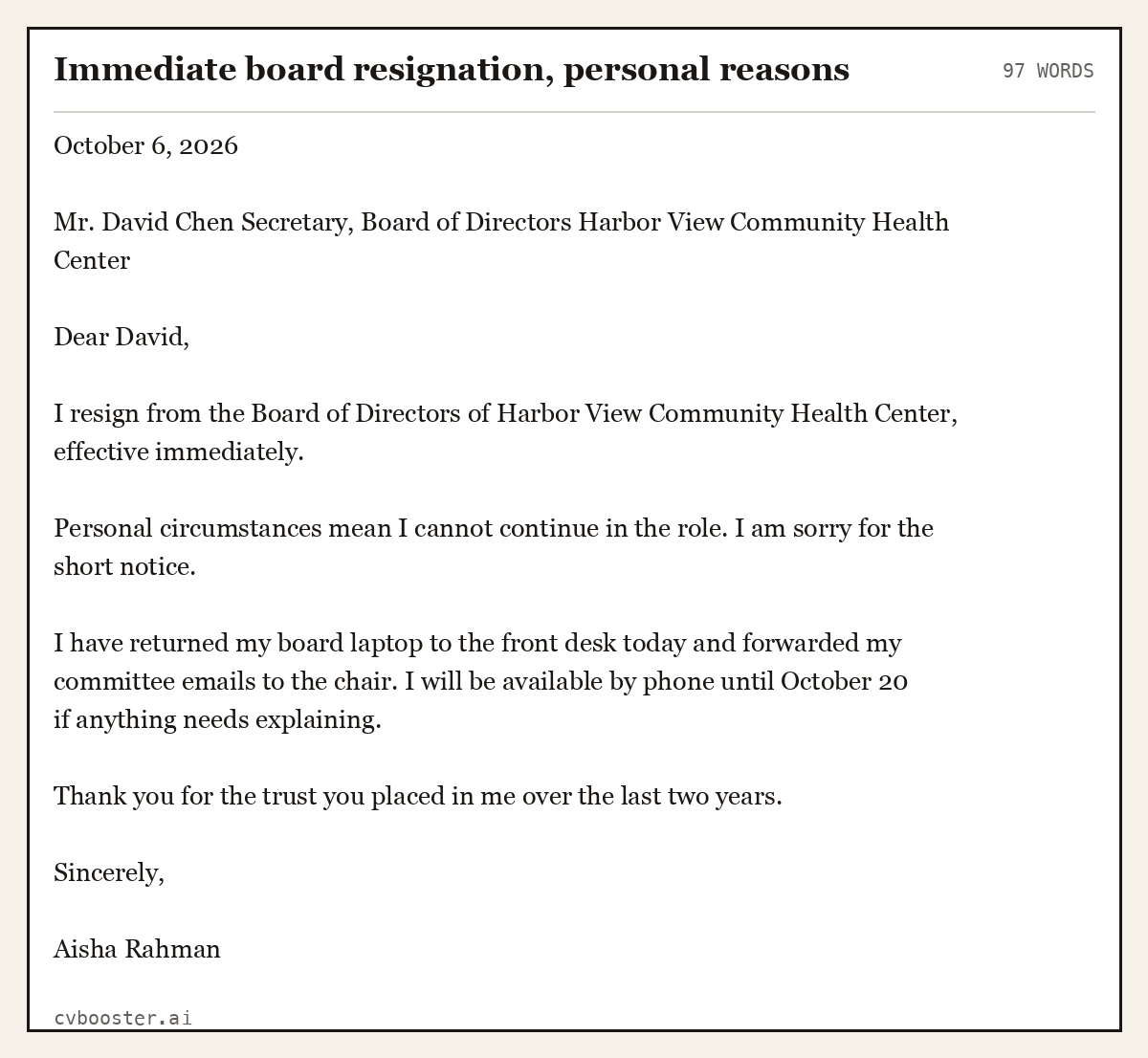 Complete Immediate board resignation, personal reasons example, 97 words, laid out as it would sit in the application form
