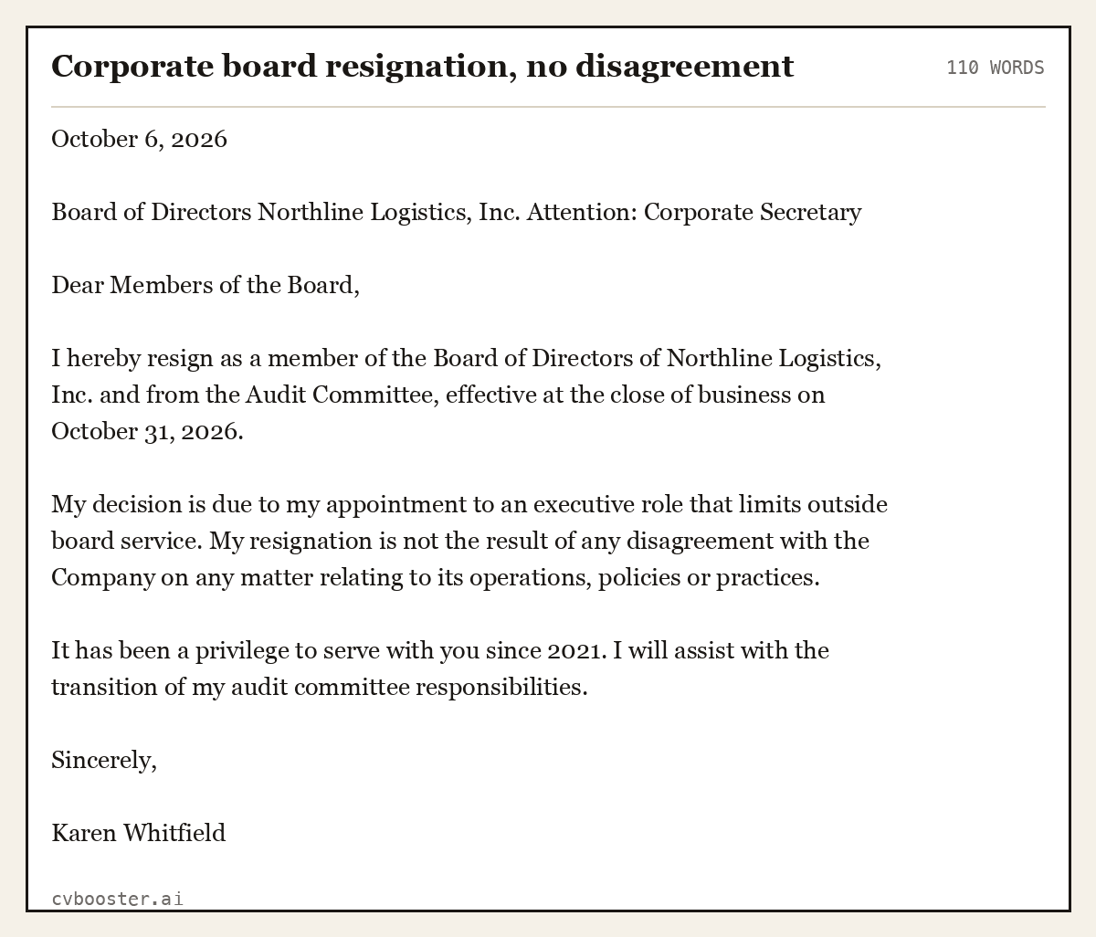 Complete Corporate board resignation, no disagreement example, 110 words, laid out as it would sit in the application form