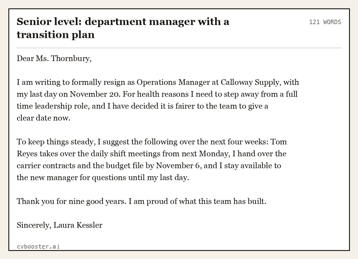 Complete Senior level: department manager with a transition plan example, 121 words, laid out as it would sit in the application form