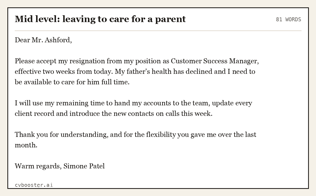 Complete Mid level: leaving to care for a parent example, 81 words, laid out as it would sit in the application form