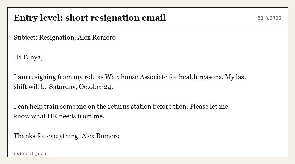 Complete Entry level: short resignation email example, 51 words, laid out as it would sit in the application form