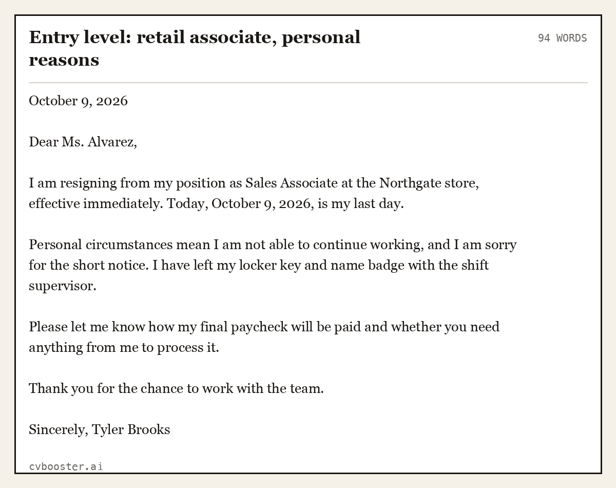 Complete Entry level: retail associate, personal reasons example, 94 words, laid out as it would sit in the application form