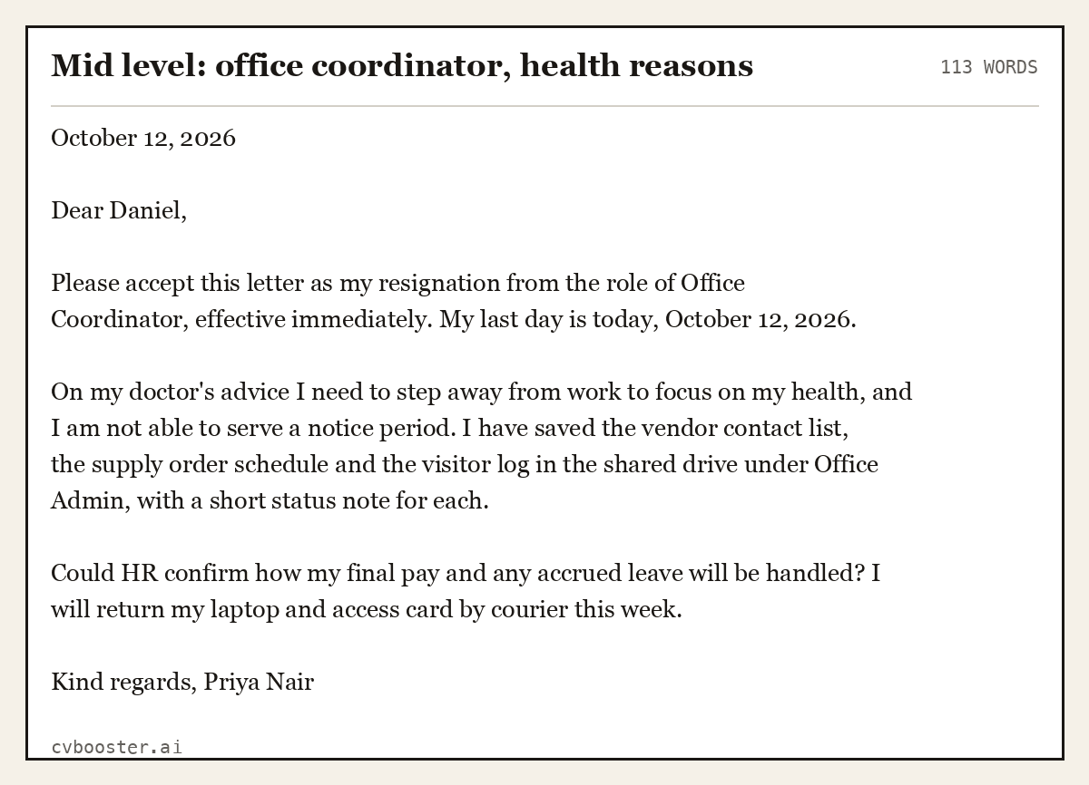 Complete Mid level: office coordinator, health reasons example, 113 words, laid out as it would sit in the application form