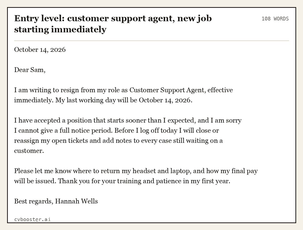 Complete Entry level: customer support agent, new job starting immediately example, 108 words, laid out as it would sit in the application form