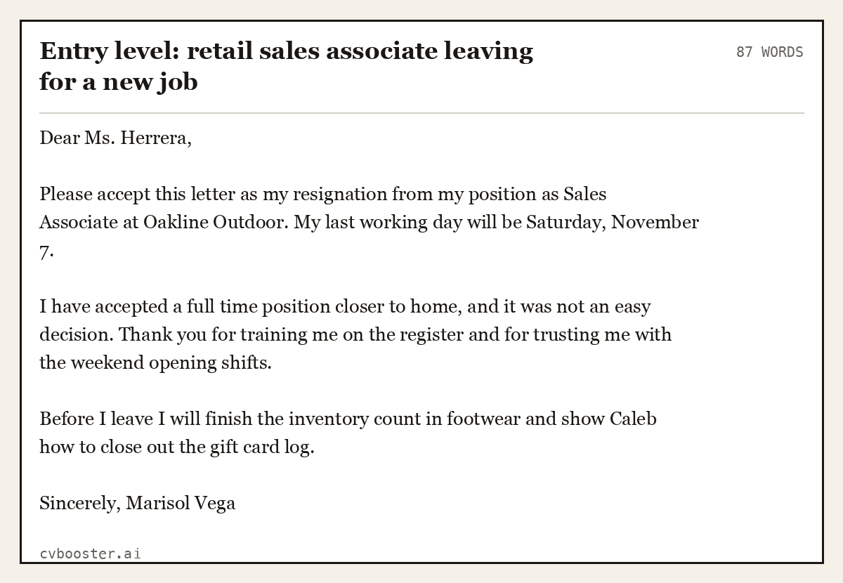 Complete Entry level: retail sales associate leaving for a new job example, 87 words, laid out as it would sit in the application form