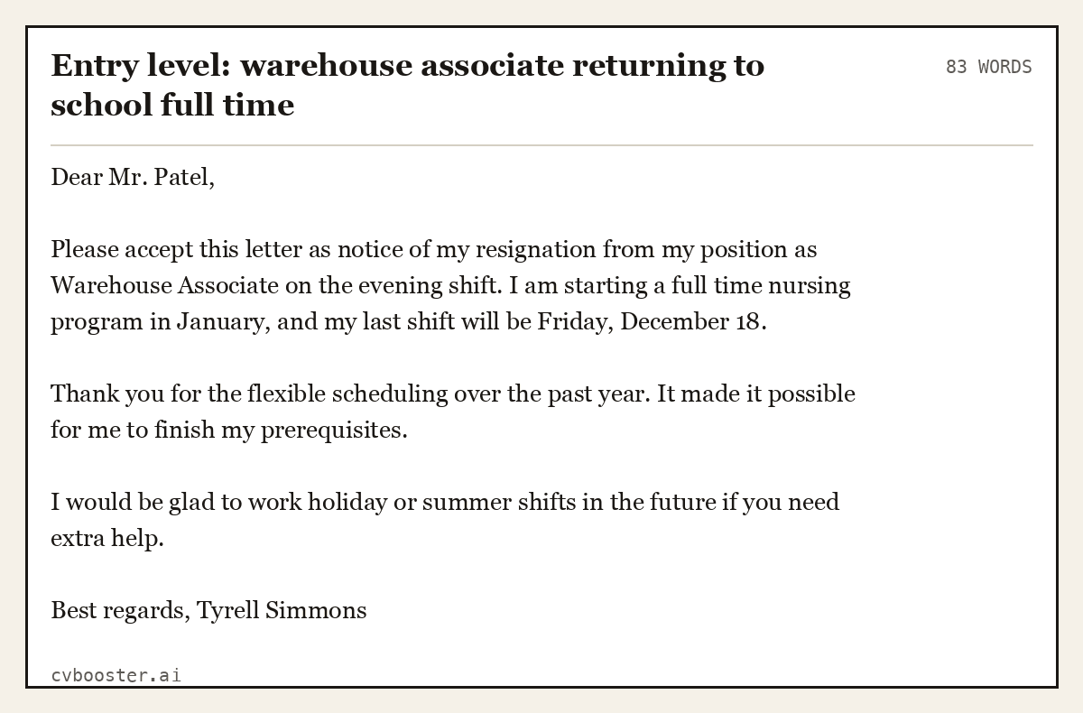 Complete Entry level: warehouse associate returning to school full time example, 83 words, laid out as it would sit in the application form