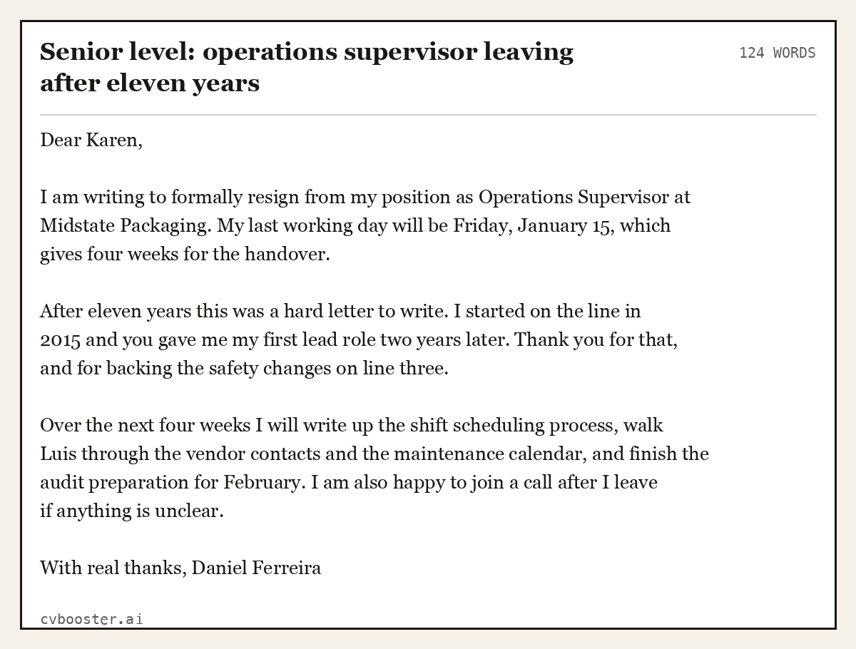 Complete Senior level: operations supervisor leaving after eleven years example, 124 words, laid out as it would sit in the application form