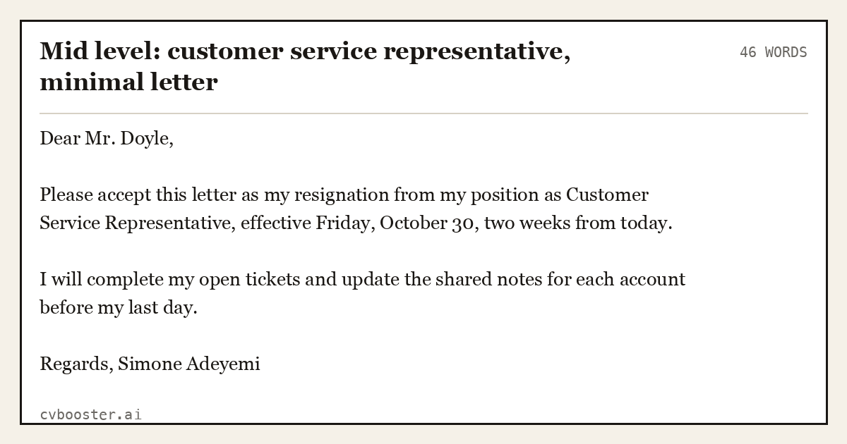 Complete Mid level: customer service representative, minimal letter example, 46 words, laid out as it would sit in the application form