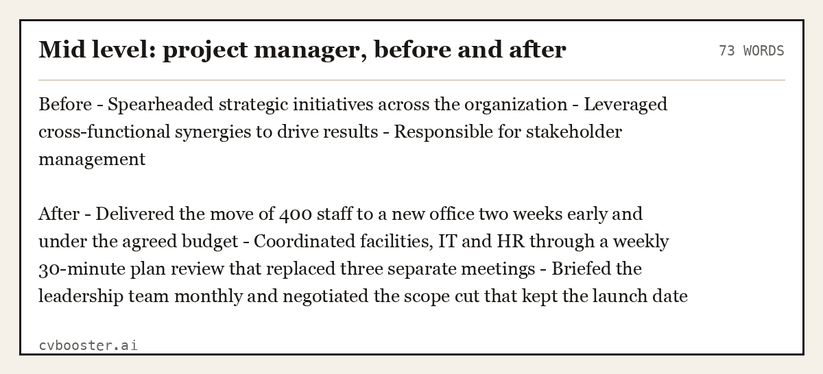 Complete Mid level: project manager, before and after example, 73 words, laid out as it would sit in the application form