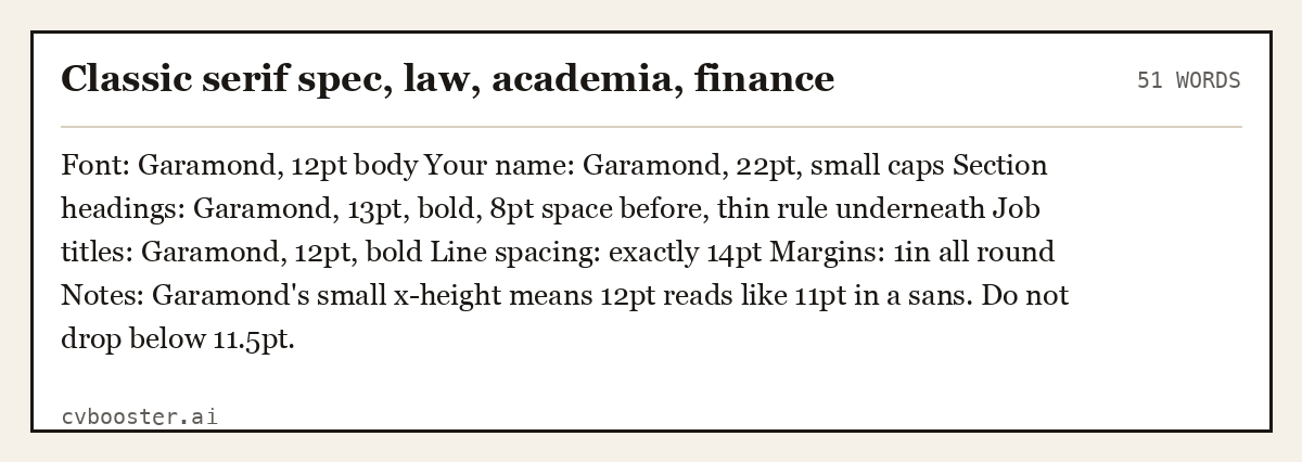 Complete Classic serif spec, law, academia, finance example, 51 words, laid out as it would sit in the application form