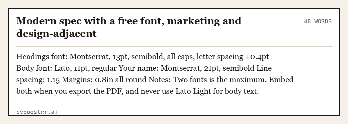 Complete Modern spec with a free font, marketing and design-adjacent example, 48 words, laid out as it would sit in the application form