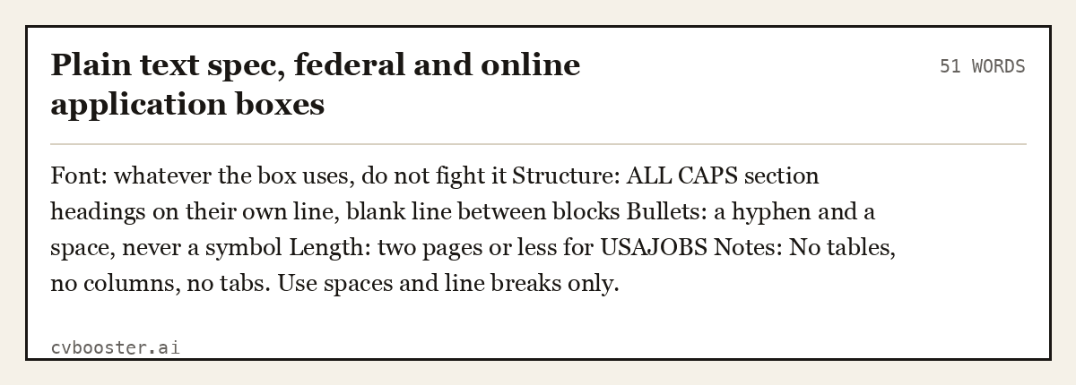 Complete Plain text spec, federal and online application boxes example, 51 words, laid out as it would sit in the application form