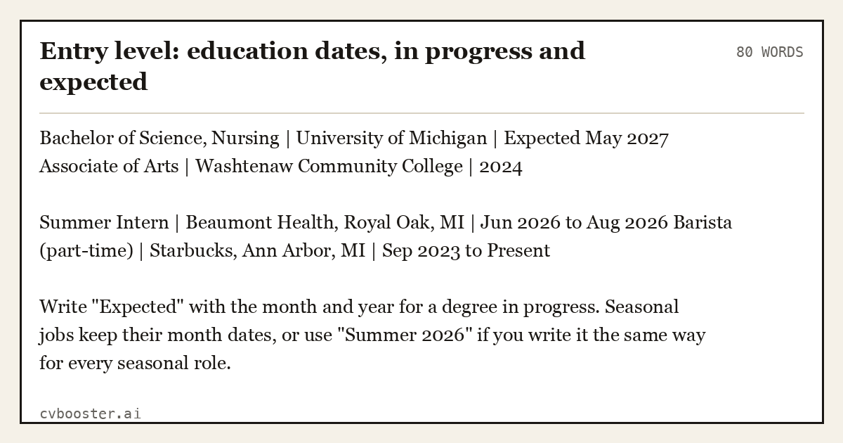 Complete Entry level: education dates, in progress and expected example, 80 words, laid out as it would sit in the application form