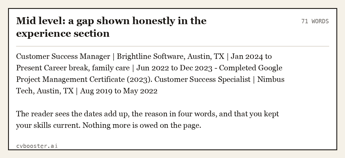 Complete Mid level: a gap shown honestly in the experience section example, 71 words, laid out as it would sit in the application form
